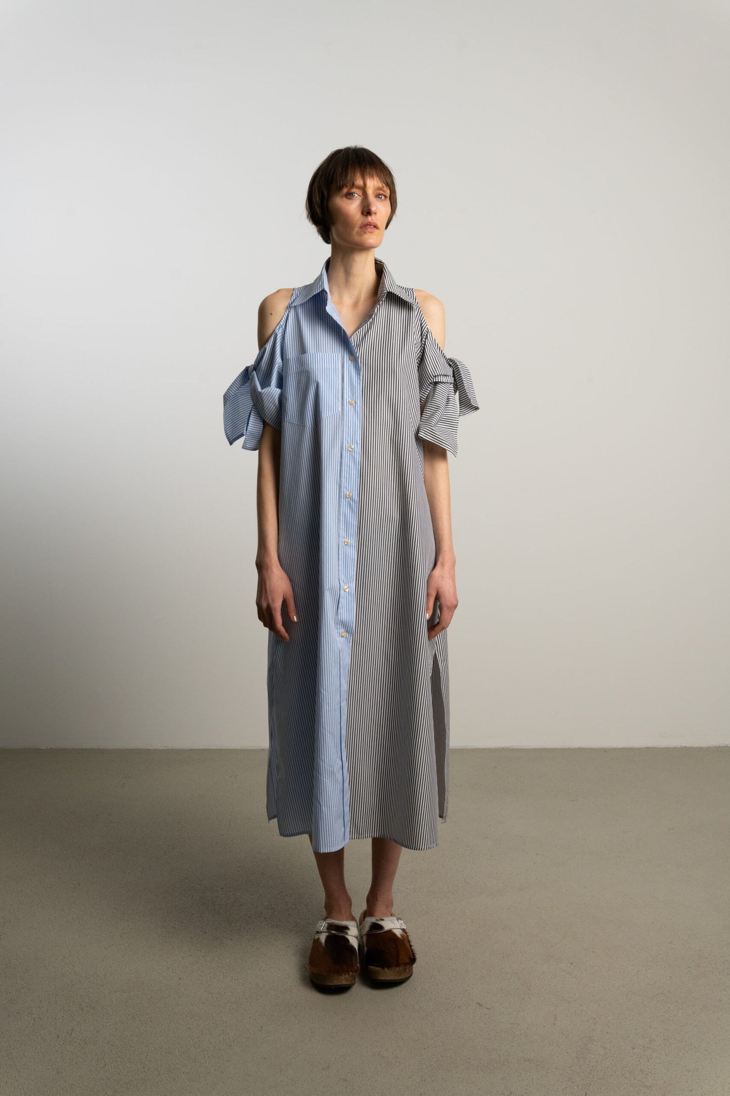 Open Shoulder Bow Dress / twin stripe