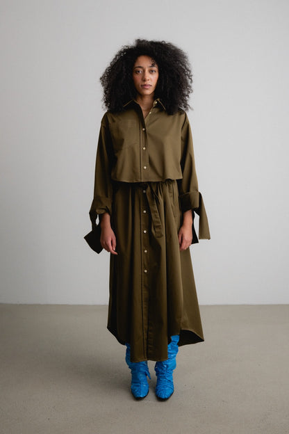 Split Coat Bow Sleeve Dress GAZER / moss