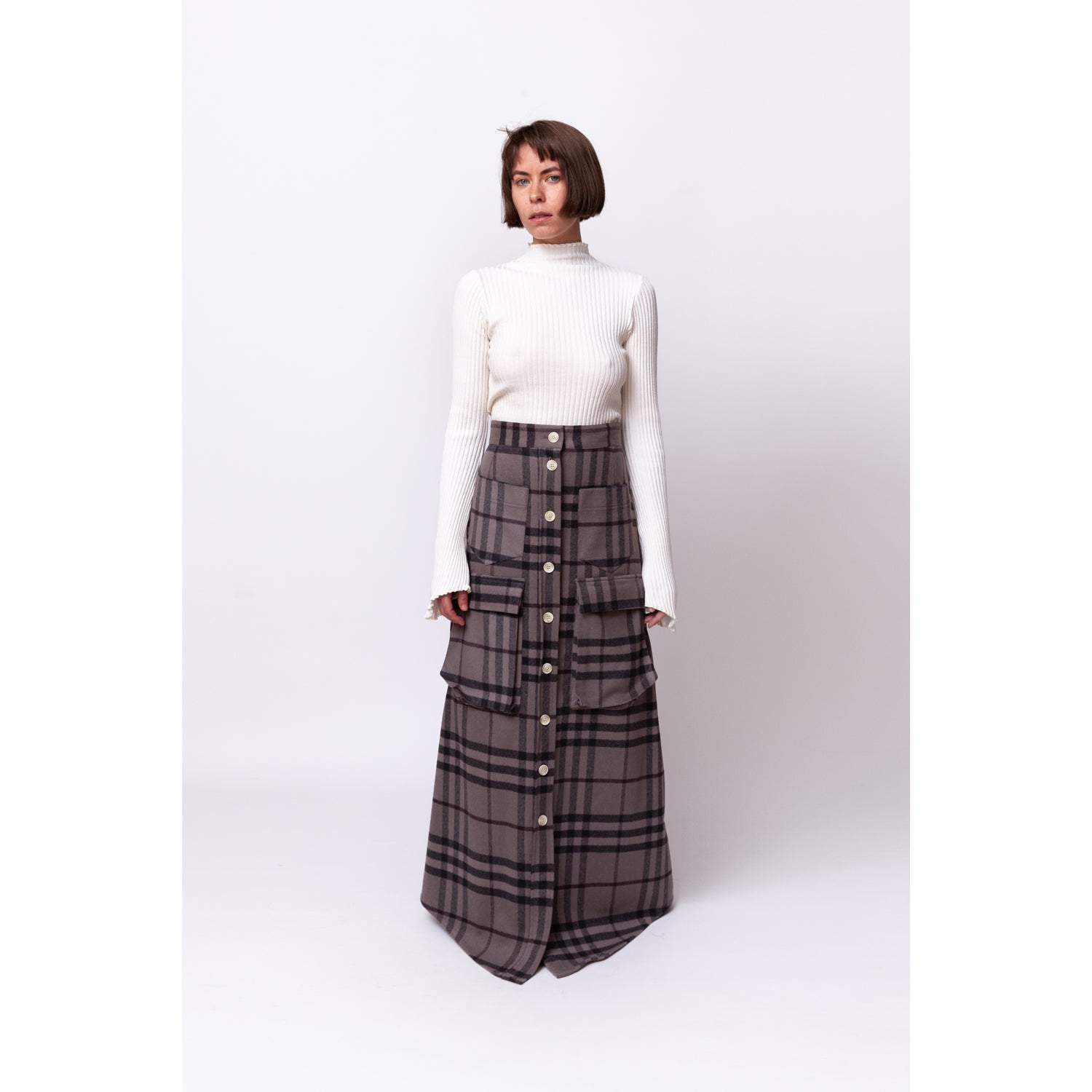 Big Wool Pocket Skirt / grey berry check