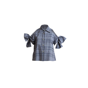 Open Shoulder Bow Shirt / dishtowel check grey